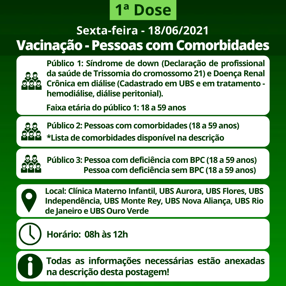 Cronograma de Vacinação contra Covid-19 (Comorbidades) - Sexta-feira - 18/06/2021